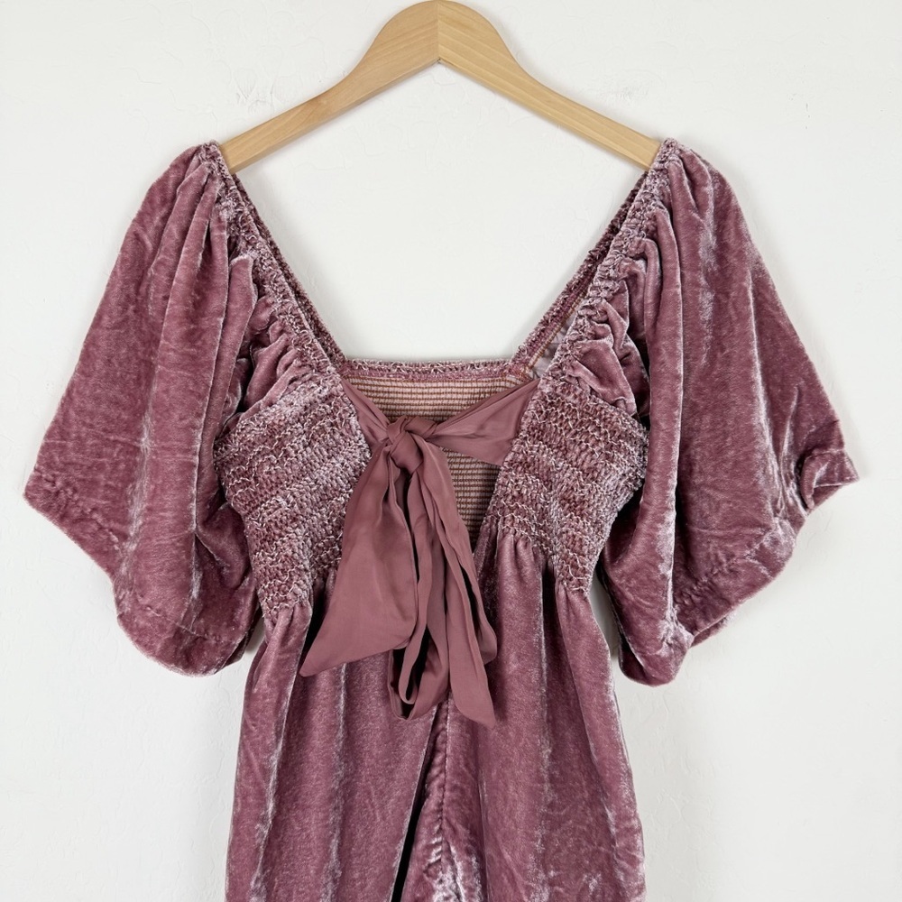 Free People Easy To Love Mini Dress Pink Velvet Smocked Bow Fairy Babydoll - Picture 6 of 11